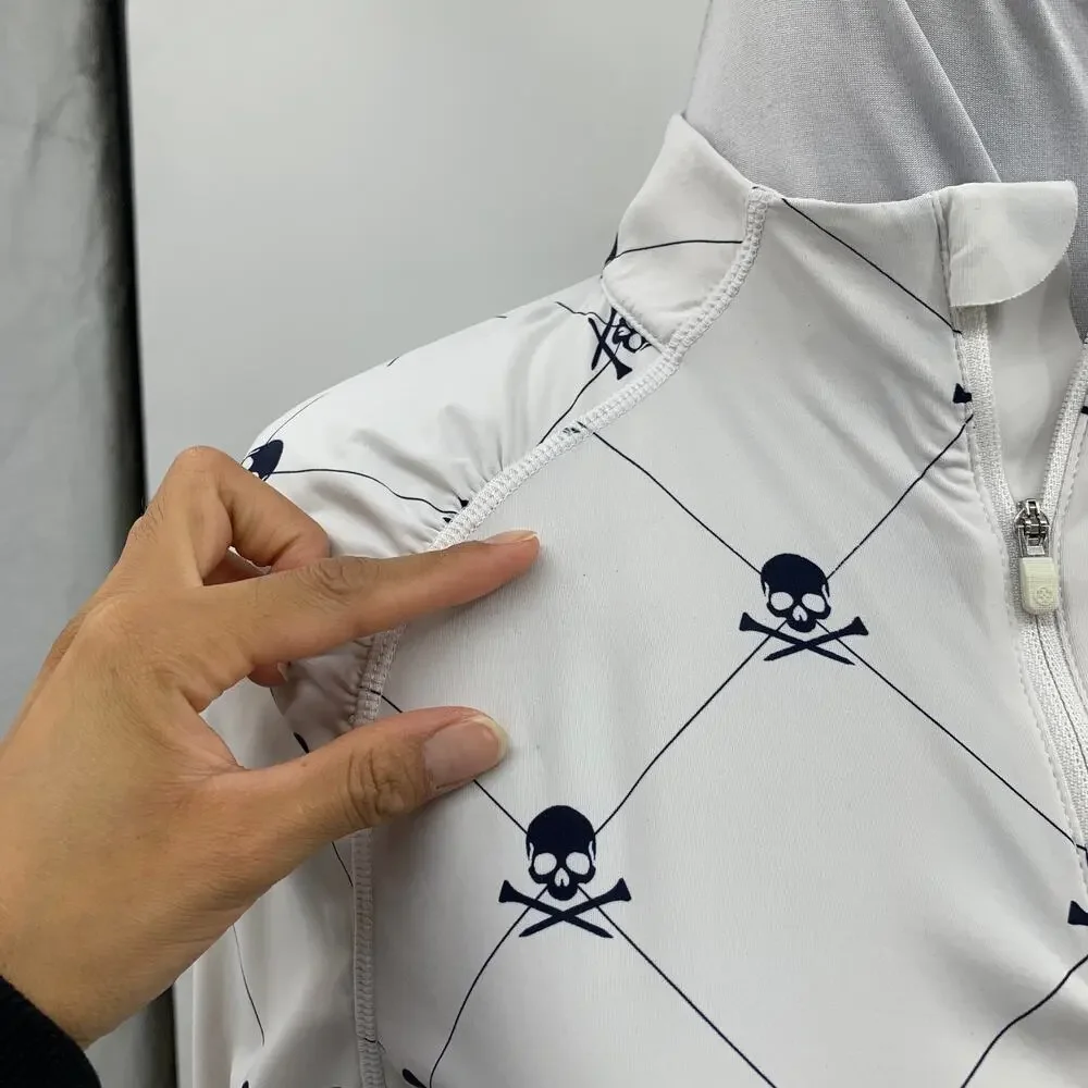 G/Fore Top Womens M Medium White Navy Skull Motif 1/4 Zip Ruched Long Sleeves